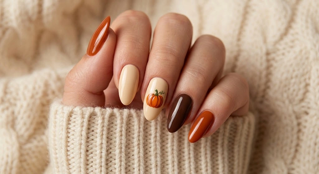 1. Classic Pumpkin Thanksgiving Nails