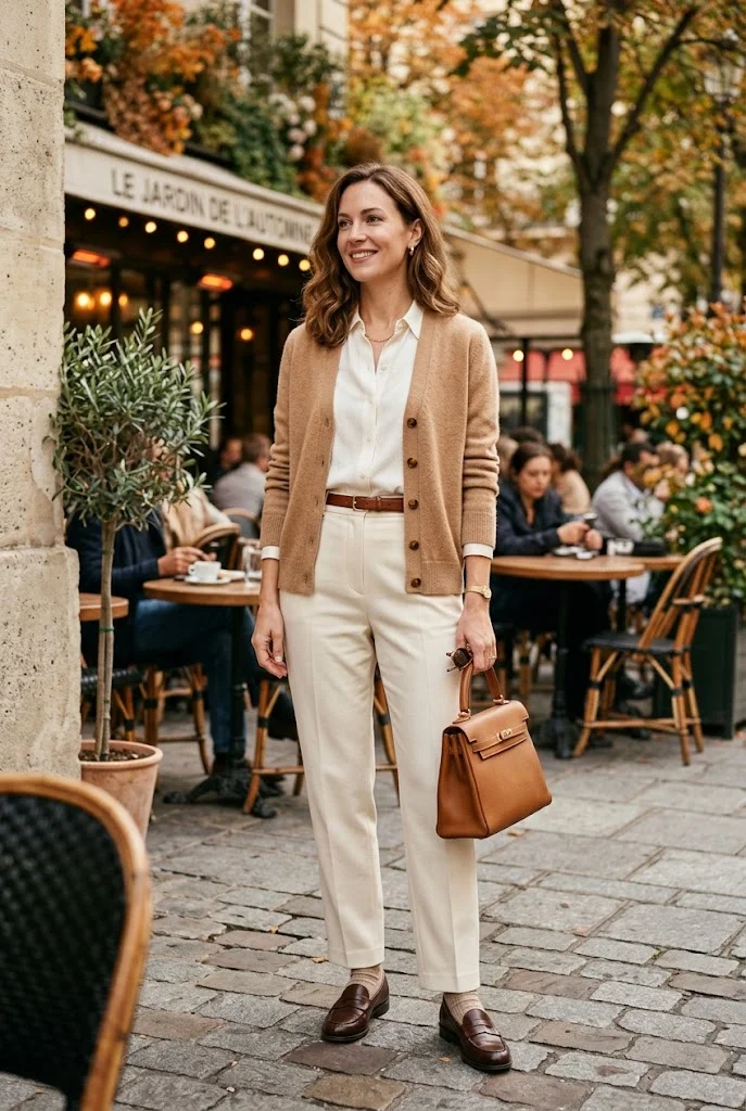 10. Camel Cardigan With White Trousers