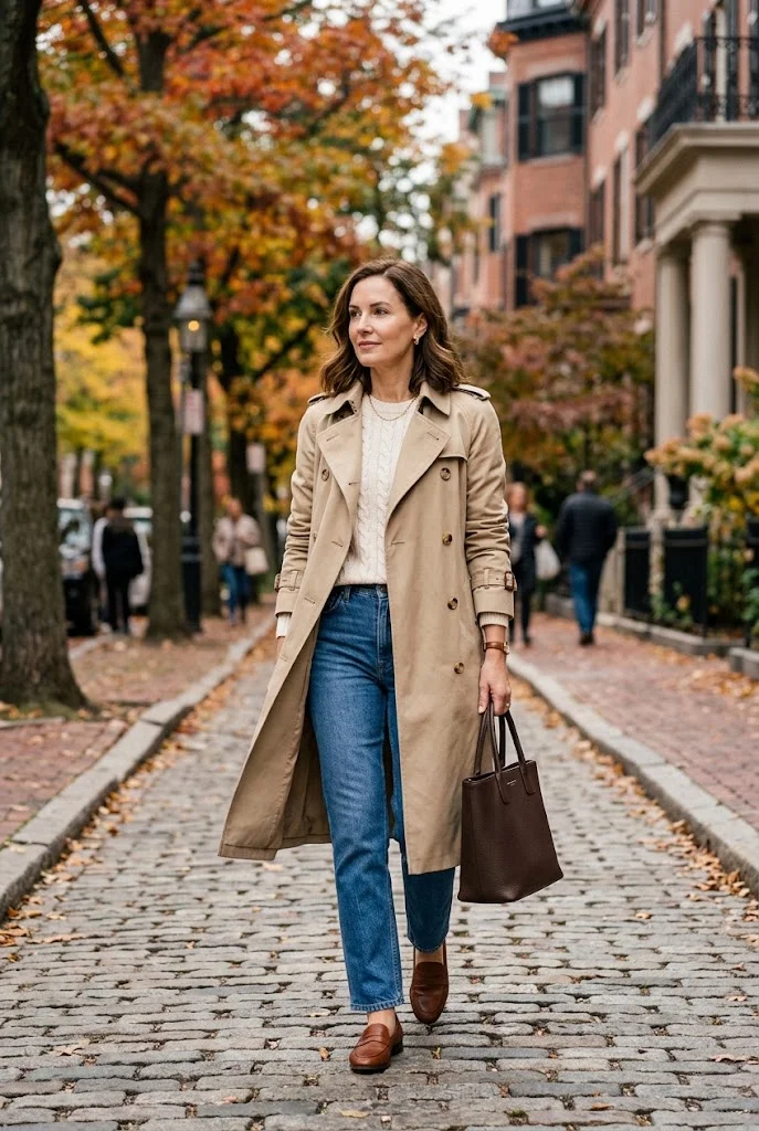 11. Trench Coat With Loafers and Denim
