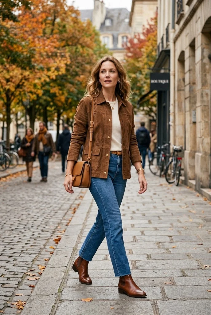 5. Brown Suede Jacket With Straight-Leg Jeans