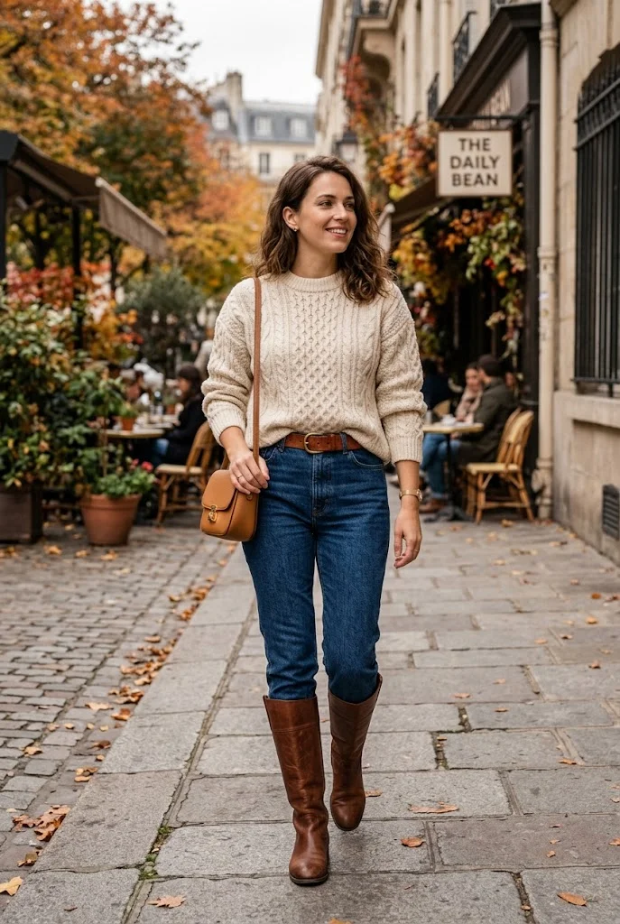 9. Cable-Knit Sweater With Dark Jeans