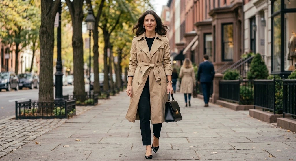 Black Trench Coat With Neutral Basics