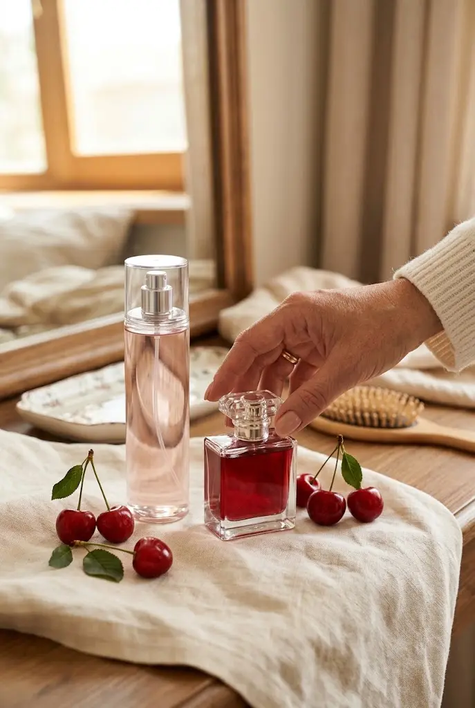 Cherry body mist and perfume arranged with fresh cherries on a cream vanity.