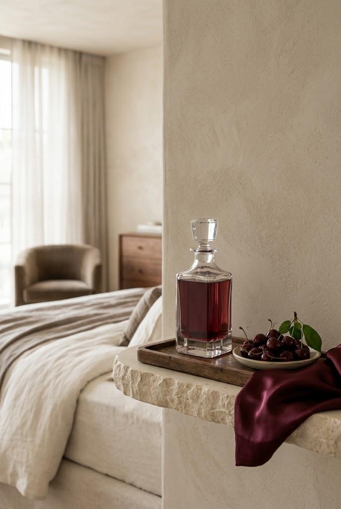 Cherry perfume stored on a shaded bedroom shelf with fresh cherries.