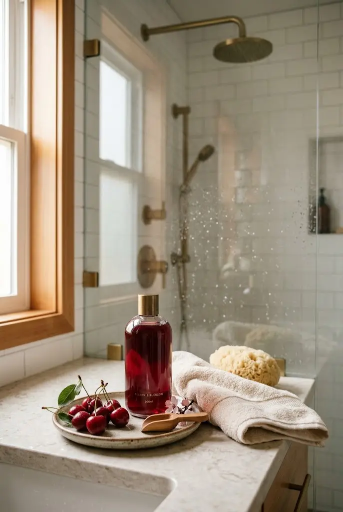 Cherry-scented shower gel beside fresh cherries and a folded cream towel in a bright bathroom.