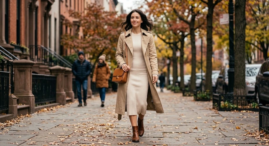 Trench Coat With a Knit Dress