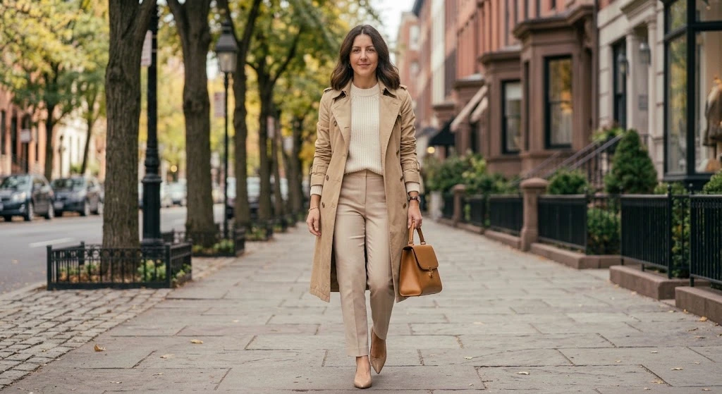 Trench Coat With a Matching Neutral Outfit