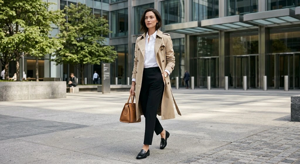 Trench Coat With a White Button-Down Shirt