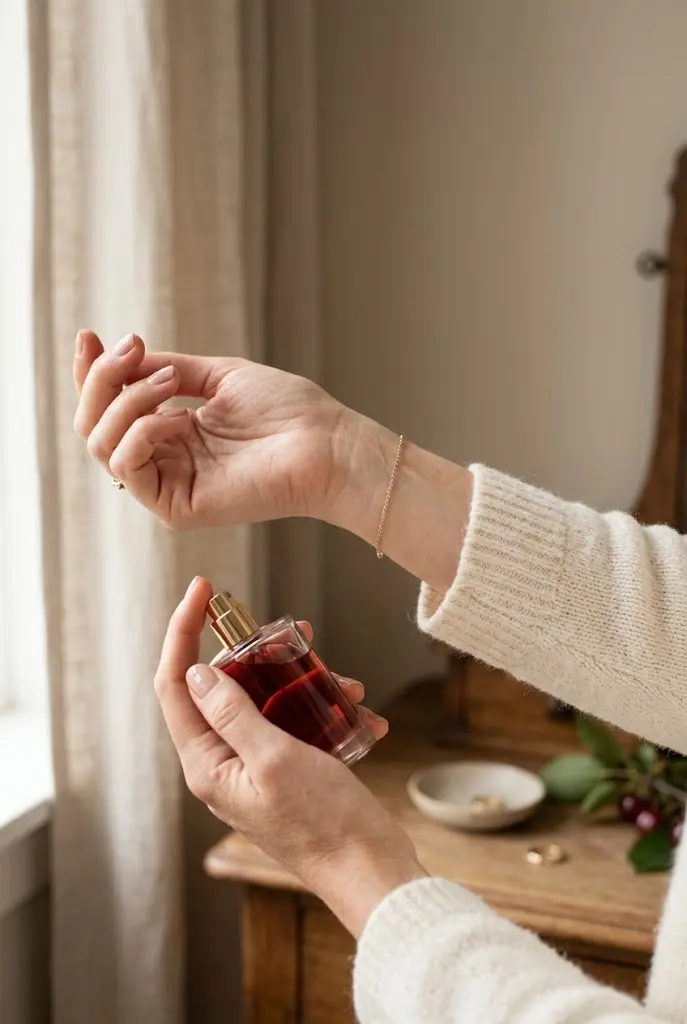 Woman applying cherry fragrance to her wrist in soft natural light.