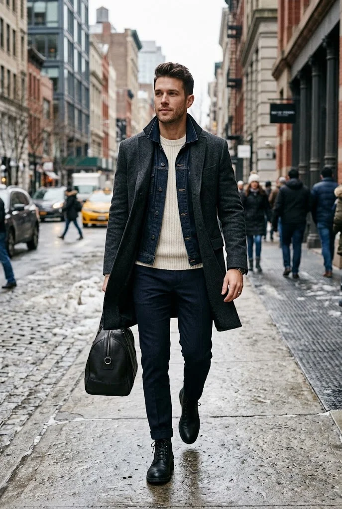 12. Denim Jacket Under a Wool Coat