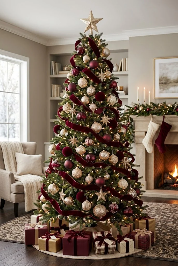 2. Burgundy and Gold Christmas Tree