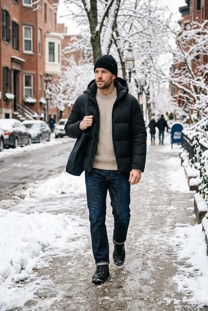 3. Black Puffer Jacket With Knitwear & Denim