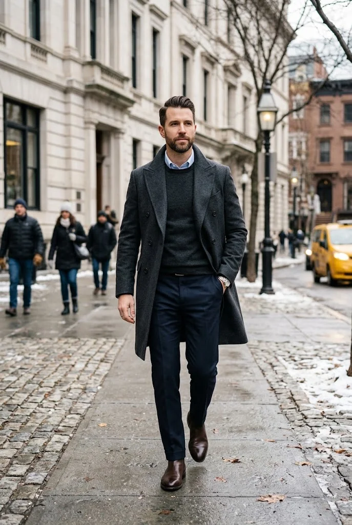 4. Wool Overcoat With Oxford Shirt & Knit Sweater