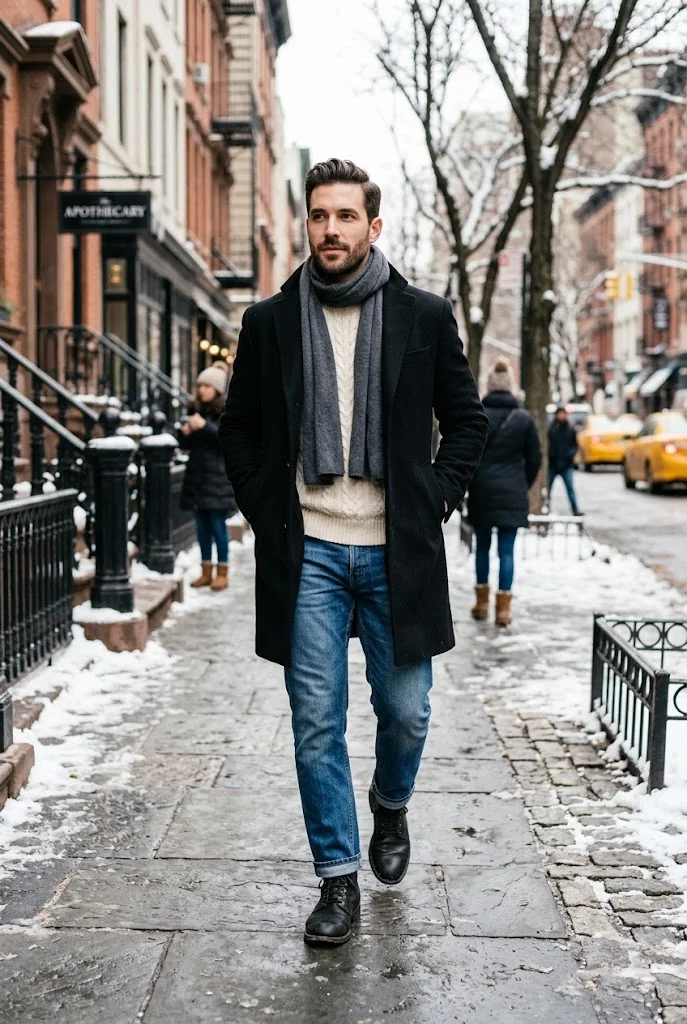 9. Black Wool Coat With White Sweater & Blue Jeans
