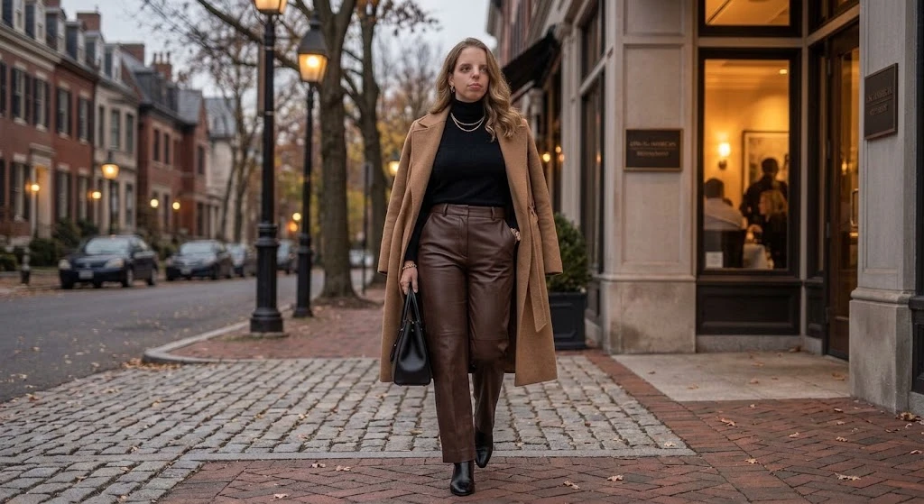 Black Cashmere Sweater With Brown Leather Trousers