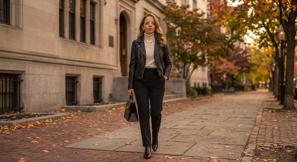 Black Leather Jacket With Cashmere Turtleneck