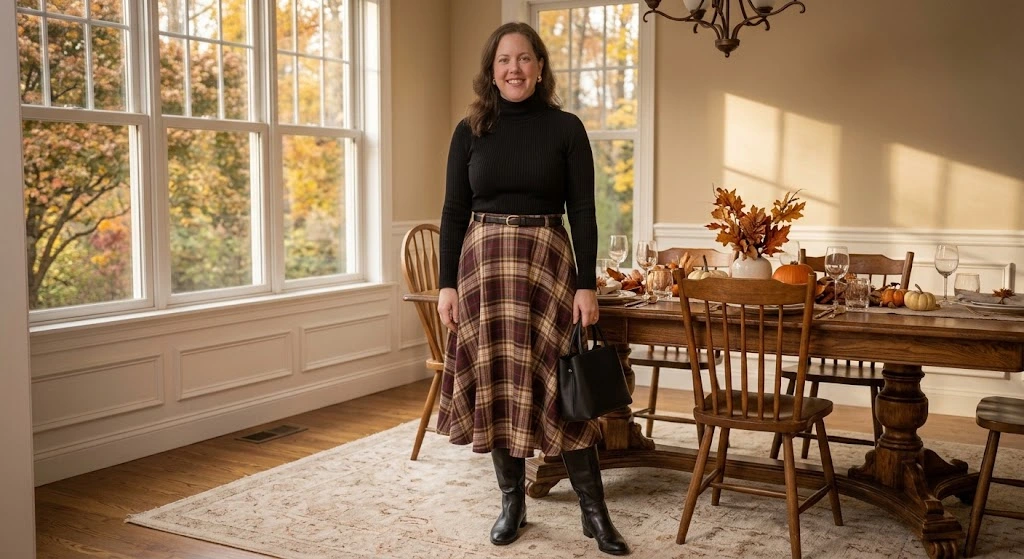 Black Turtleneck With Plaid Midi Skirt
