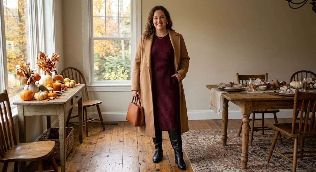 Burgundy Sweater Dress With Knee-High Boots