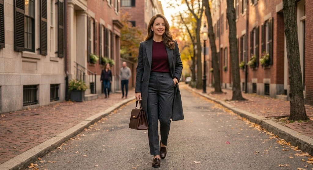 Burgundy Sweater With Gray Trousers