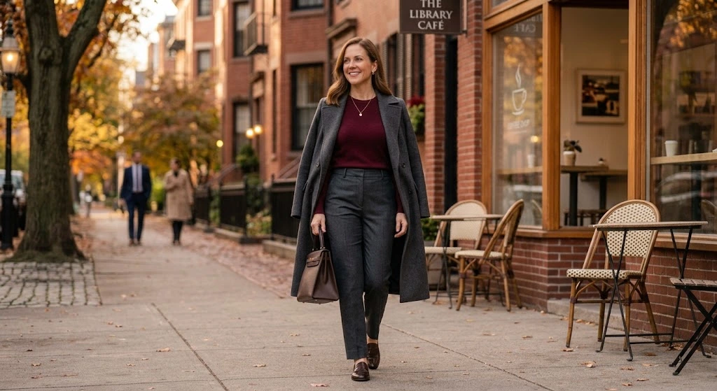 Burgundy Sweater With Gray Trousers