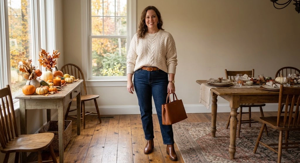 Cream Sweater With Dark-Wash Jeans