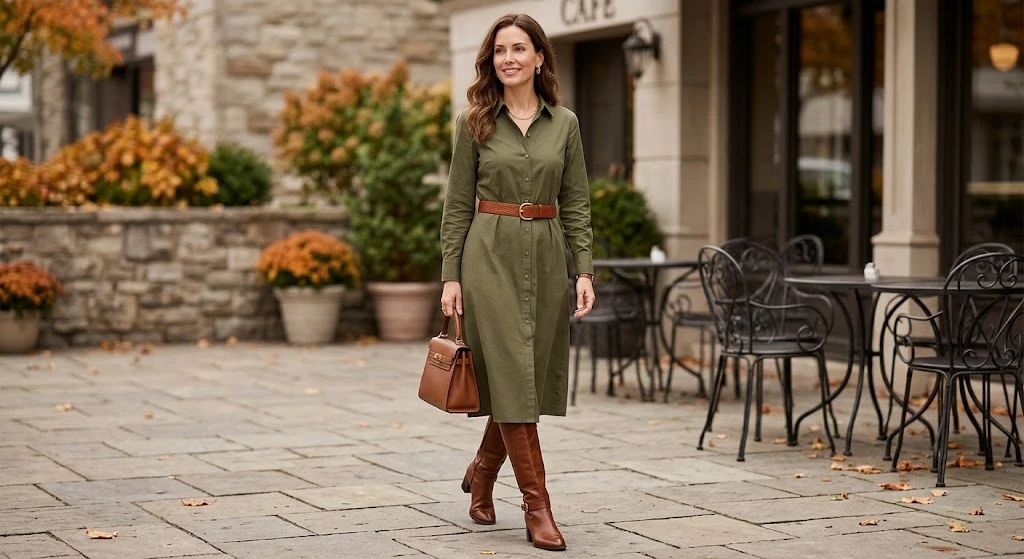 Knee-High Boots + Button-Down Dress