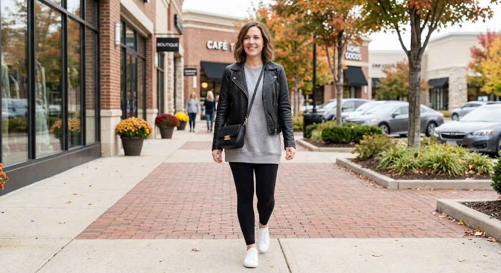 Leather Jacket With Leggings and Sneakers