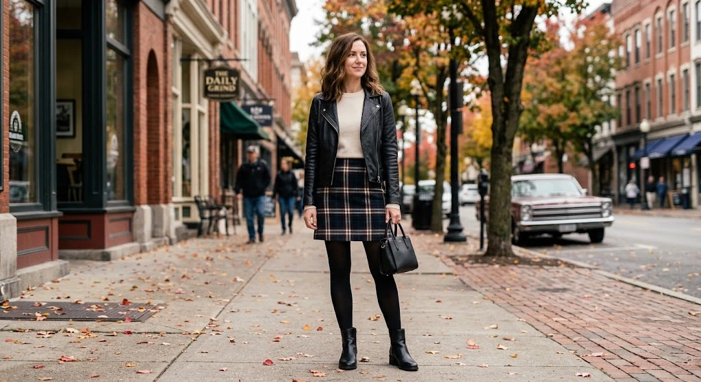 Leather Jacket With a Mini Skirt and Tights