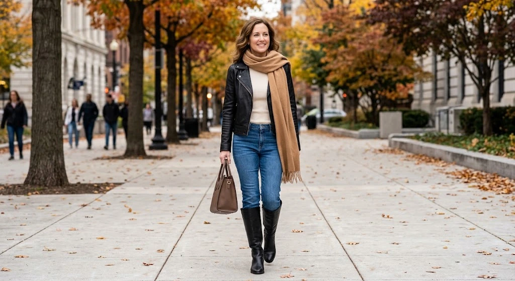Leather Jacket With a Scarf and Boots