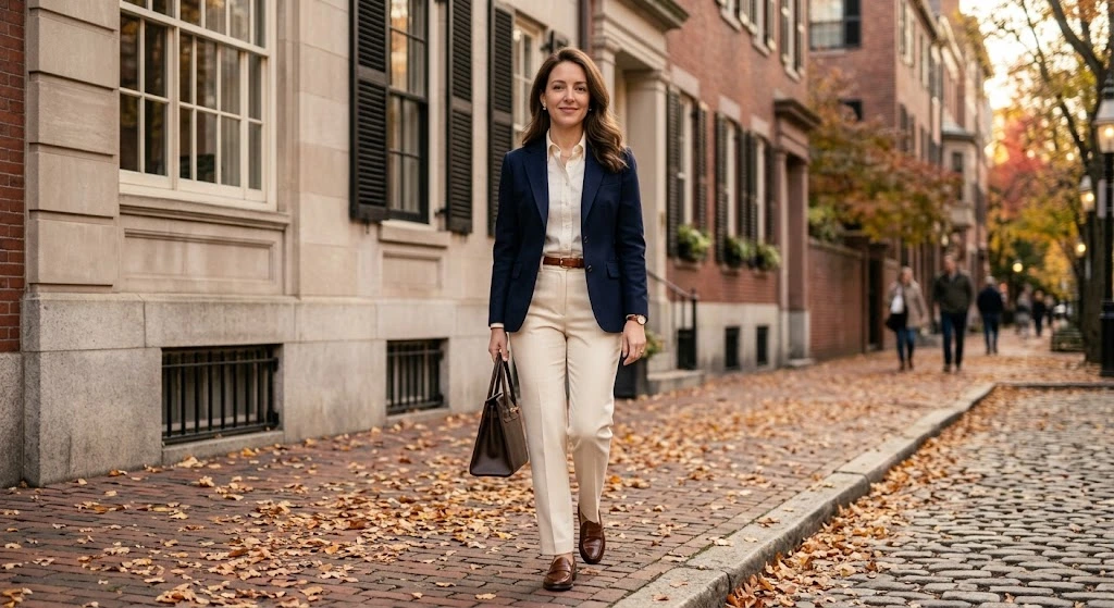 Navy Blazer With Cream Trousers