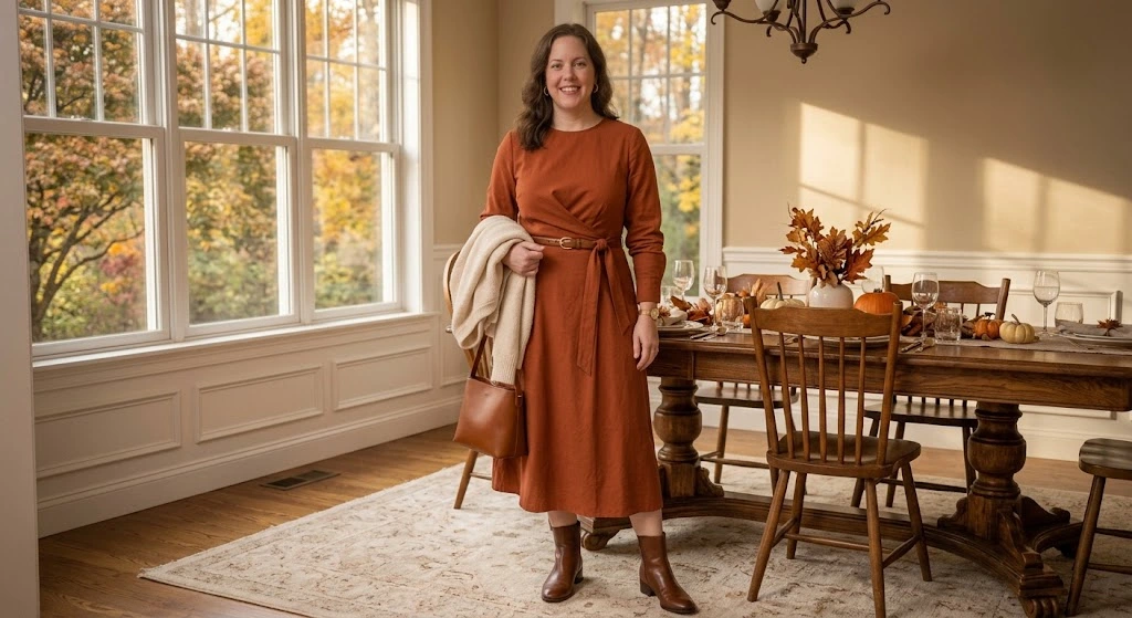 Rust Midi Dress With Ankle Boots
