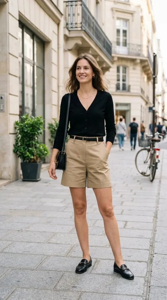 Fitted black V-neck cardigan worn buttoned as a shirt with high-waisted pleated khaki shorts and loafers.