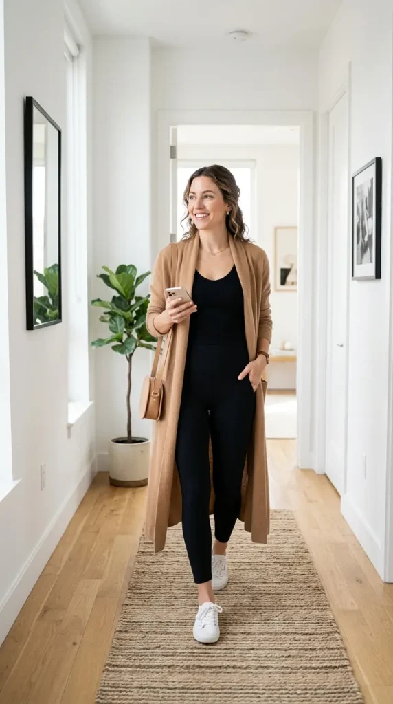 Long camel cashmere duster cardigan layered over a sleek black tank top and matching black leggings.