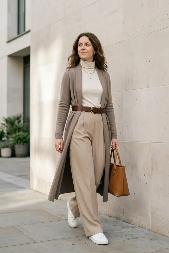 Woman styling a belted taupe longline cardigan with wide-leg beige tailored trousers and pointed-toe heels.